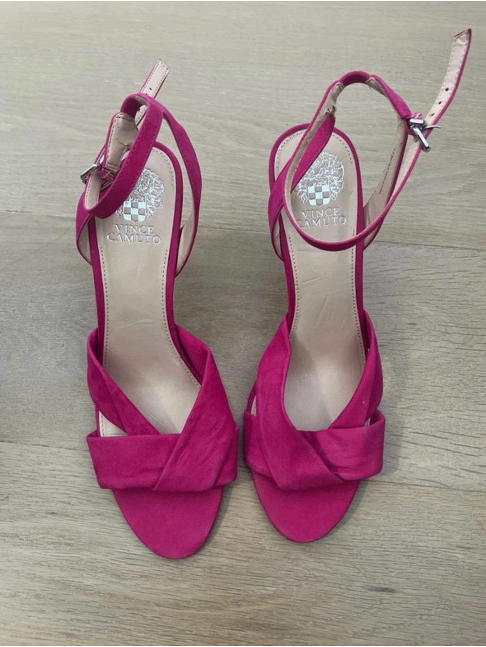 Vince Camuto Hot Pink Suede Twisted Strap Ankle‑Strap Heels